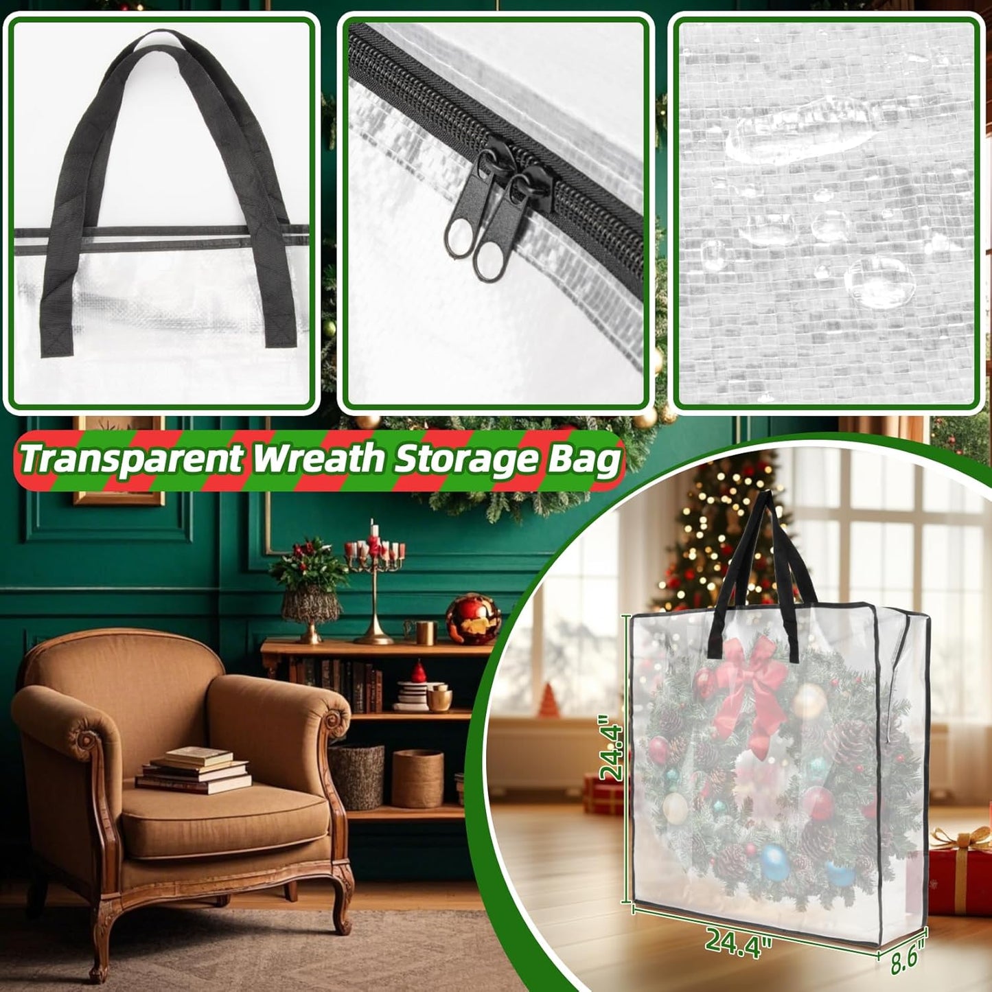 Rainflow Christmas Wreath Storage Container - Heavy-Duty Clear Bags with Zipper for Wreaths & Gifts | 24 Inch