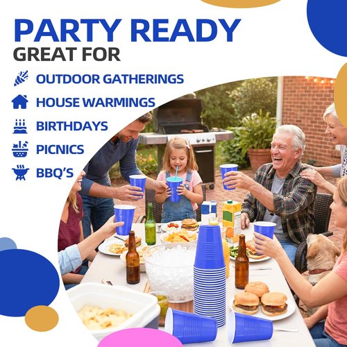 BONSINY Blue Plastic Cups 16 oz, 200 Count Disposable Cups Bulk – Heavy Duty Party Cups for Memorial Day, 4th of July, Graduation, Father’s Day, World Cup, BBQ, Outdoor Gatherings