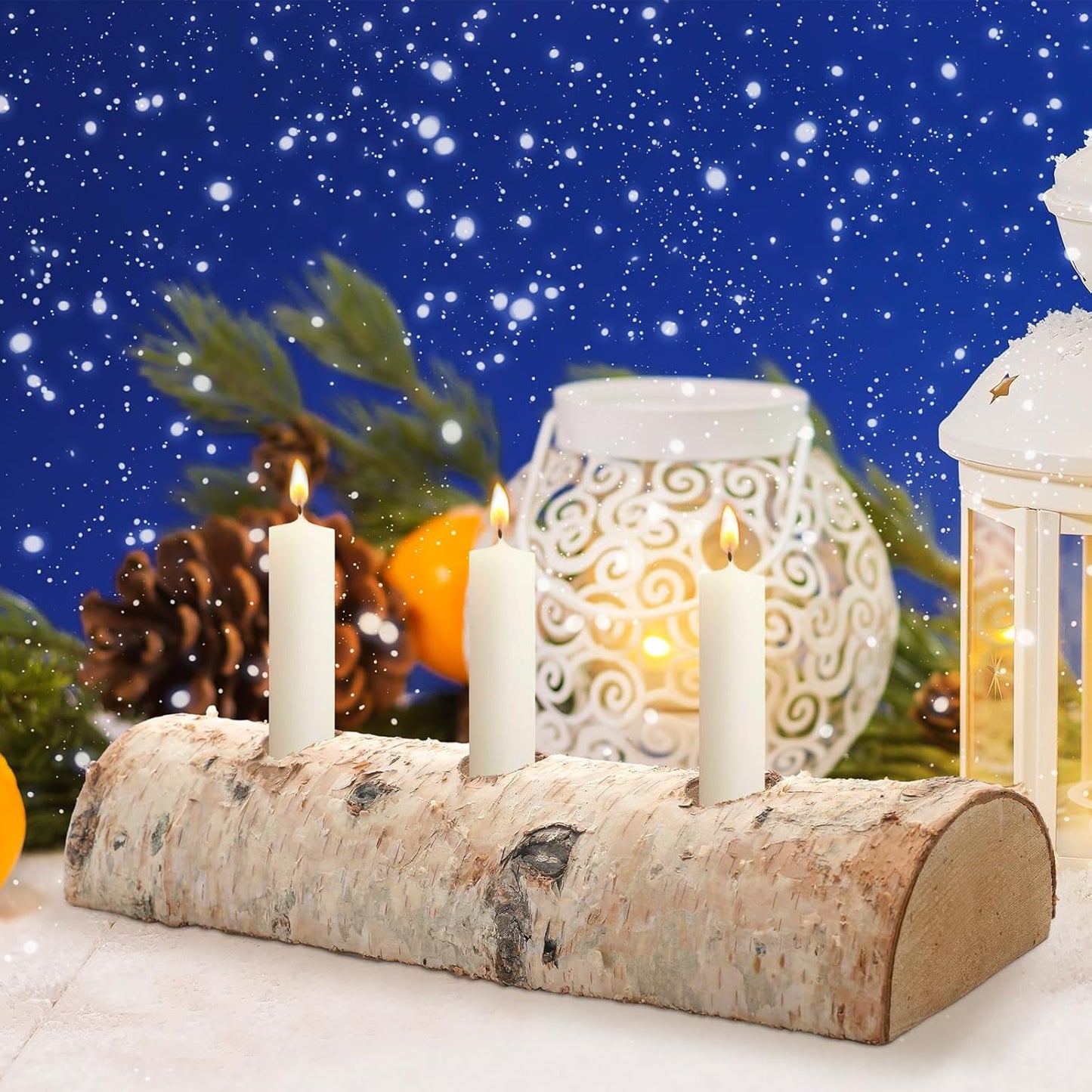 Roowest Birch Wood Taper Candle Holder Set - 3 Pcs Decorative Fireplace Log for Christmas Decor