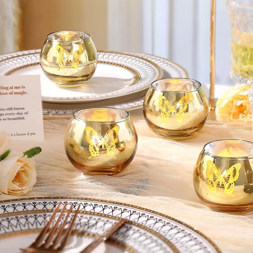 Gold Votive Candle Holders Set by [Brand Name] - 12 PCS Decorative Tea Light Holders with Butterfly Pattern for Weddings, Birthdays, and Holidays