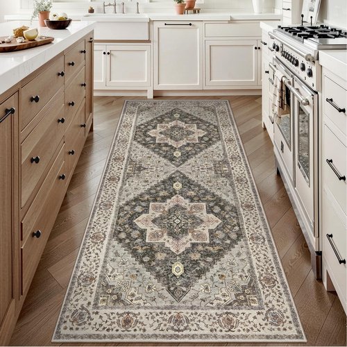 Tangsoo 2x6 Washable Runner Rug for Hallways, Non Slip Vintage Runner, Farmhous Soft Low Pile Long Rug Runner, Print Distressed Grey Carpet Runners for Kitchen Bedroom Entryway Bathroom Living Room