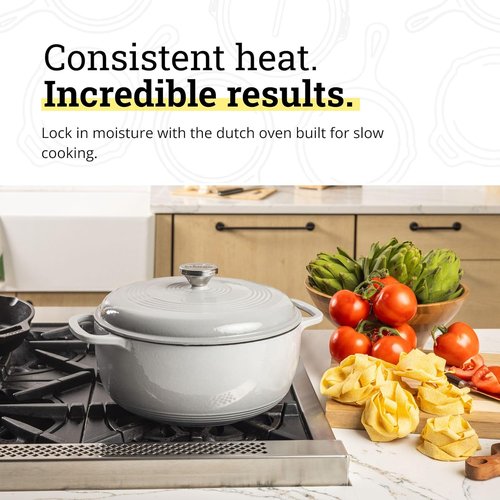 Lodge Essential Enamel Cast Iron Dutch Oven - 6 Quart Moisture-Sealing Lid & Dual Handles - Oyster White