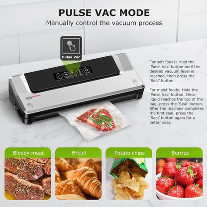 Bonsenkitchen Vacuum Sealer Machine - Compact Food Sealer for Meal Prep & Storage | 5 Bags Included, Silver