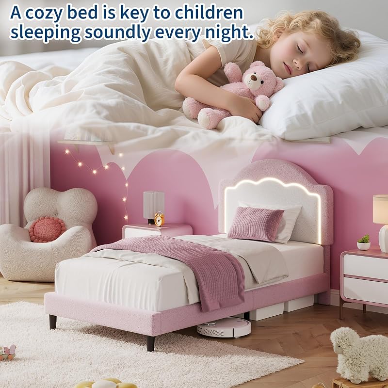 GarveeTech Twin Bed Frame with Velvet Upholstered Headboard — Pink, Without Drawer