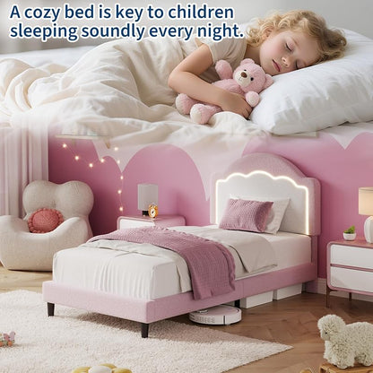 GarveeTech Twin Bed Frame with Velvet Upholstered Headboard — Pink, Without Drawer