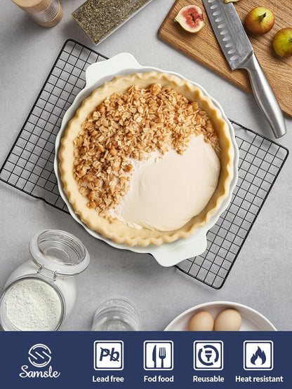Samsle Ceramic Pie Pan - 13-Inch Round Baking Dish with Double Handles & Ruffled Edge | Oven Safe