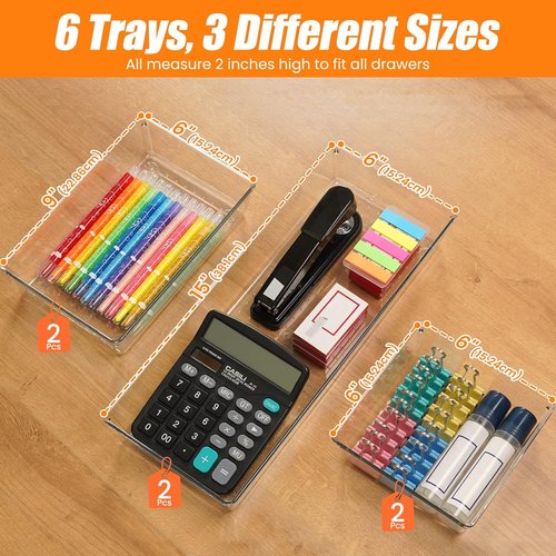 Criusia Large Clear Drawer Organizer Set - 6 Pcs Acrylic Storage Trays for Kitchen, Bathroom & Office