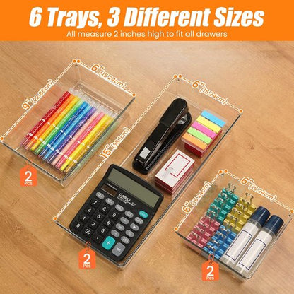 Criusia Large Clear Drawer Organizer Set - 6 Pcs Acrylic Storage Trays for Kitchen, Bathroom & Office