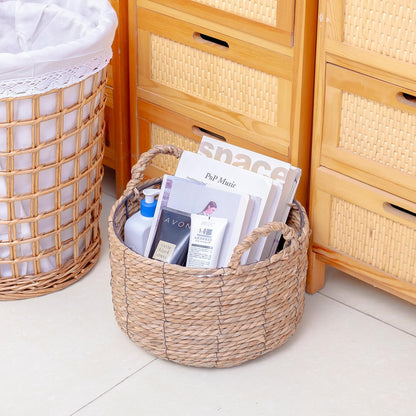 Round Wicker Storage Basket - Large Water Hyacinth Bin with Handles | 12'' x 7''