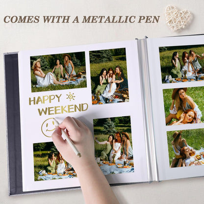 Photo Album Self Adhesive Pages for 4x6 5x7 8x10 Pictures Scrapbook Magnetic Photo Albums with Sticky Pages Books with A Metallic Pen for Baby Wedding Family 13.2x12.8 Black 60 Pages