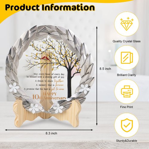 10 Year Tin Anniversary Wedding Gifts Crystal Plate with Gold Leaf Wreath - 10th Anniversary Wedding Gifts for Parents Couple - 10th Wedding Anniversary Unique Gift Ideas - Cardinal Style
