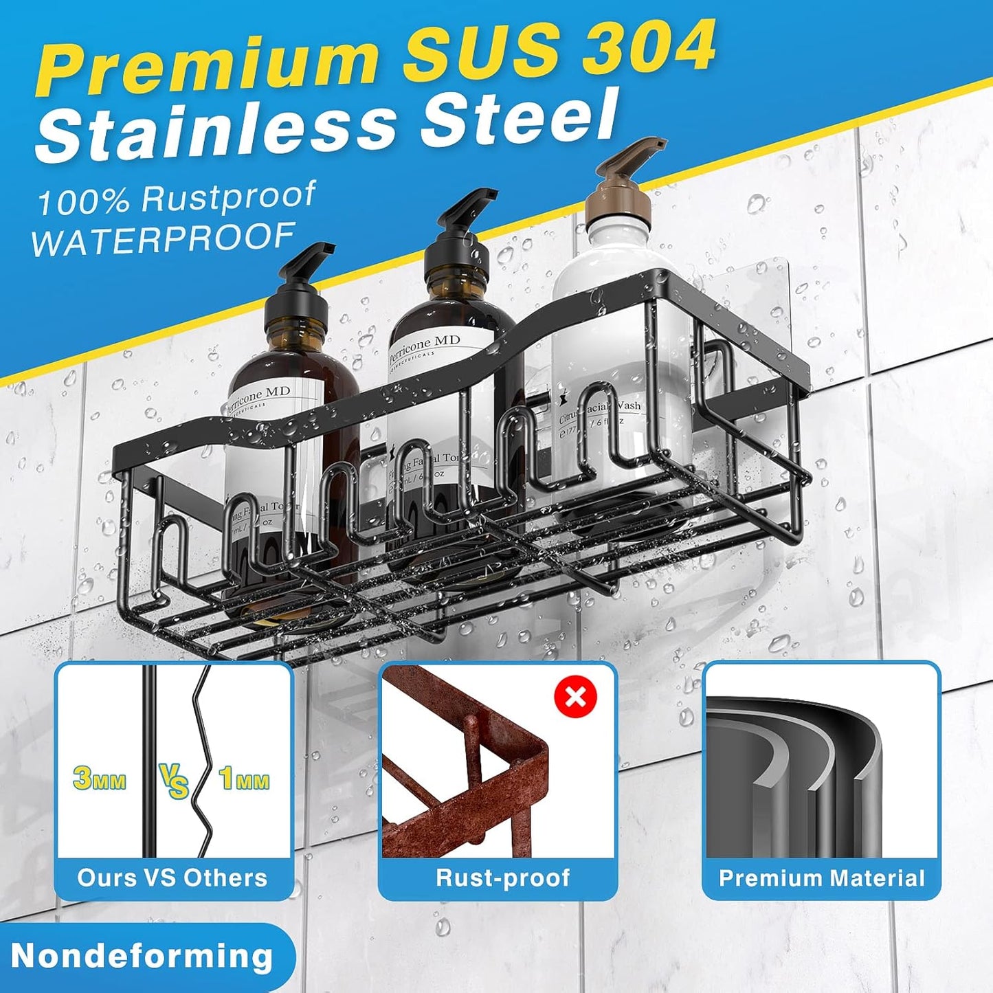 Skiennix Shower Caddy - Adhesive Bathroom Organizer with Large Capacity | Rustproof Stainless Steel, 2 Pack