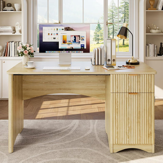 Bestier 47-Inch Fluted Computer Desk - Modern Wood Office Desk with Drawer & Storage Cabinet in Natural Oak