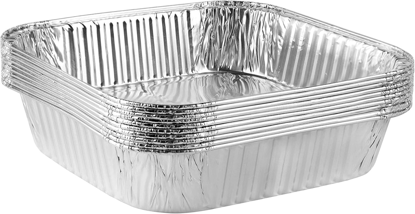 PLASTICPRO Aluminum Foil Baking Pans - 8'' Square Bakeware for Cakes, Breads & More | Pack of 10