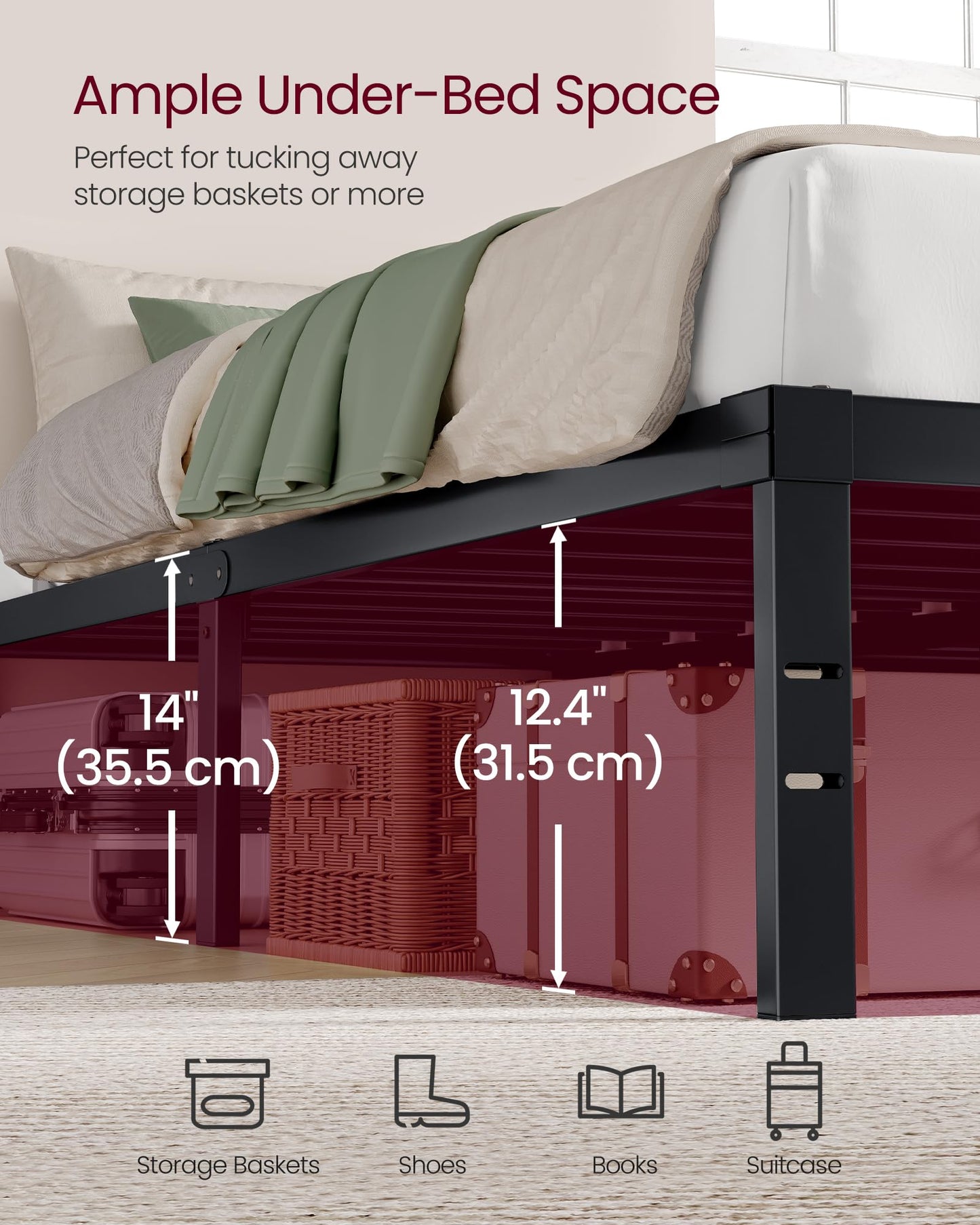 VASAGLE Twin Metal Bed Frame 14 Inches Tall, 550 lb Weight Capacity, No Box Spring Needed, with Under-Bed Storage, Easy Setup, Heavy-Duty Platform Bed, Mattress Retainers, Matte Black URMB653BD02S
