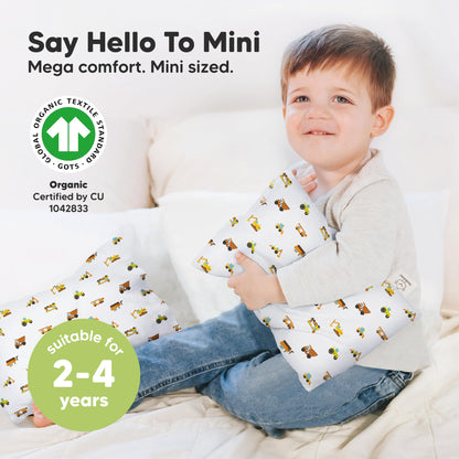 Mini Toddler Pillow with Pillowcase - 9x13 My Little Dreamy Travel Kids Pillow for Sleeping, Toddler Bed, Small, Tiny, Organic Cotton Pillowcase, Soft & Breathable, Kids 2-4 Years Old (Construction)