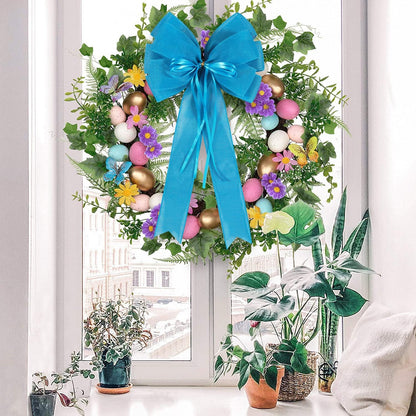 Skiennix Large Blue Easter Wreath Bow - Decorative Spring & Summer Tree Topper with Glitter String