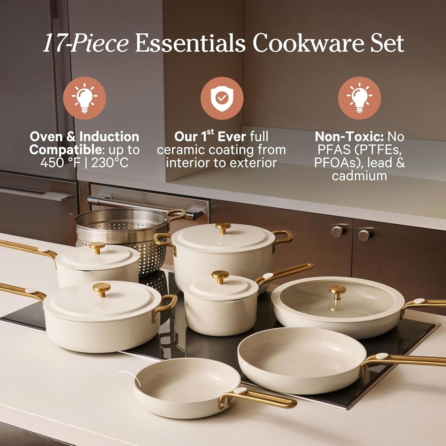 Our Place 17-Piece Complete Cookware Set - Nonstick Ceramic Fry Pans, Saucepans & More | Oven Safe to 450°F | Cream