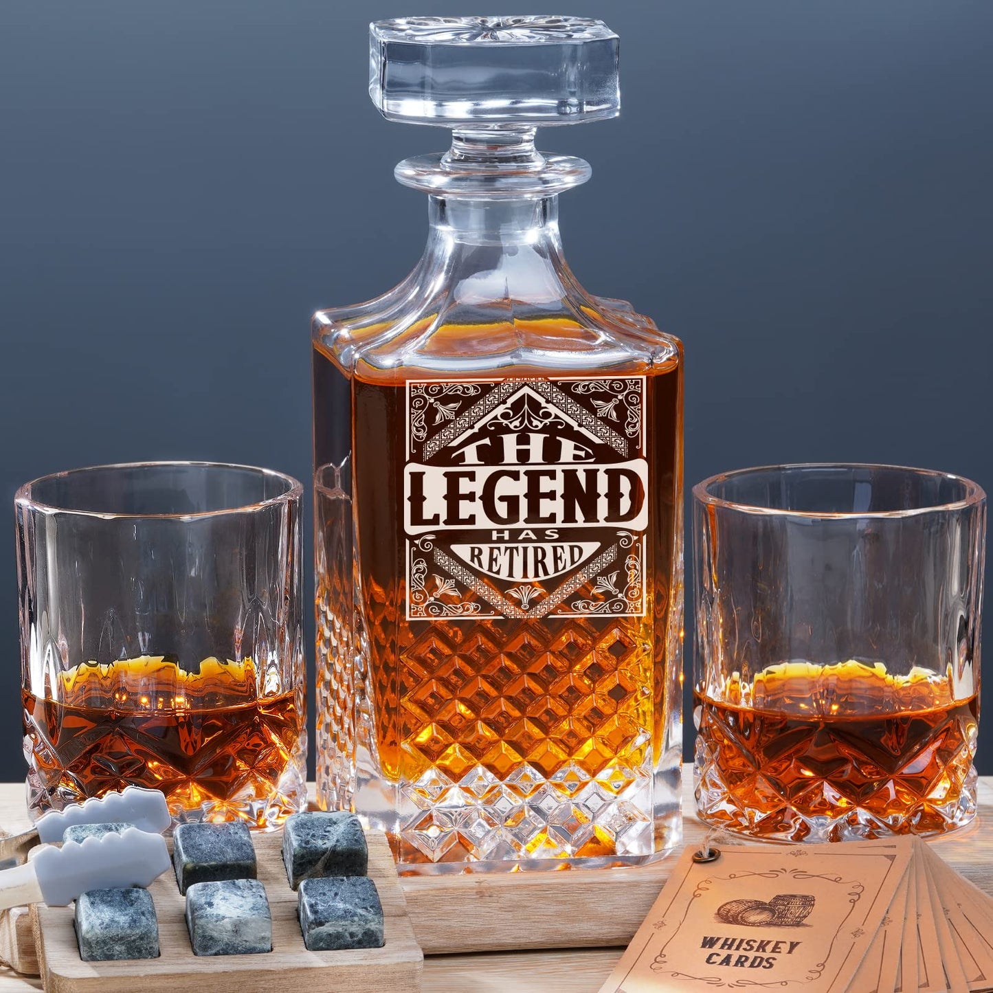 PONPUR The Legend Has Retired 2025 Retirement Gifts for Men Women, Whiskey Decanter Gift Set with 2 Whisky Glasses, Best Christmas Fathers Day Birthday Presents for Dad Coworkers Teacher