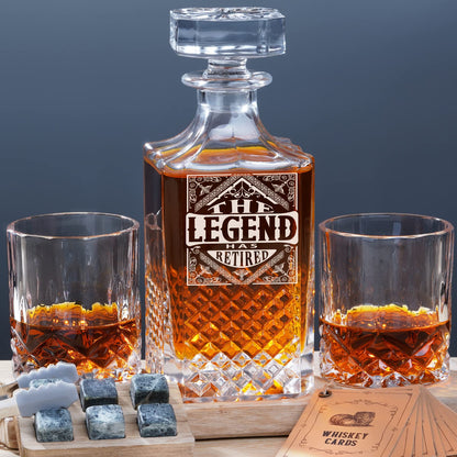 PONPUR The Legend Has Retired 2025 Retirement Gifts for Men Women, Whiskey Decanter Gift Set with 2 Whisky Glasses, Best Christmas Fathers Day Birthday Presents for Dad Coworkers Teacher