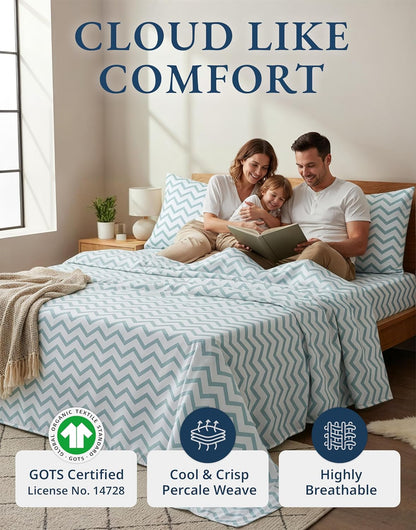 **LANE LINEN Organic Cotton Twin Bed Sheets - Naturally Cooling, Fully Elasticized, Eco-Friendly Chevron Design**