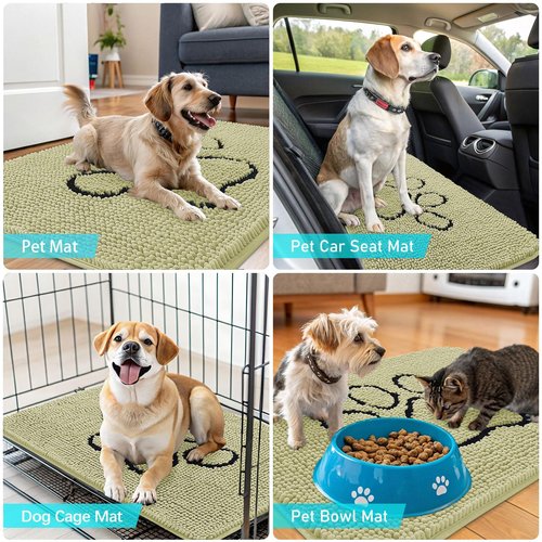 OLANLY Dog Door Mat for Muddy Paws 30x20, Paw Print Design, Absorbs Moisture and Dirt, Absorbent Non-Slip Washable Doormat, Quick Dry Chenille Mud Mat for Dogs, Entry Indoor Entryway Carpet, Vanilla