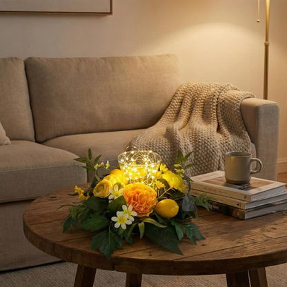 17 Inch Lemon Floral Centerpiece | Skiennix Glass Hurricane Candle Holder & Yellow Peony Wreath for Dining Table Decor