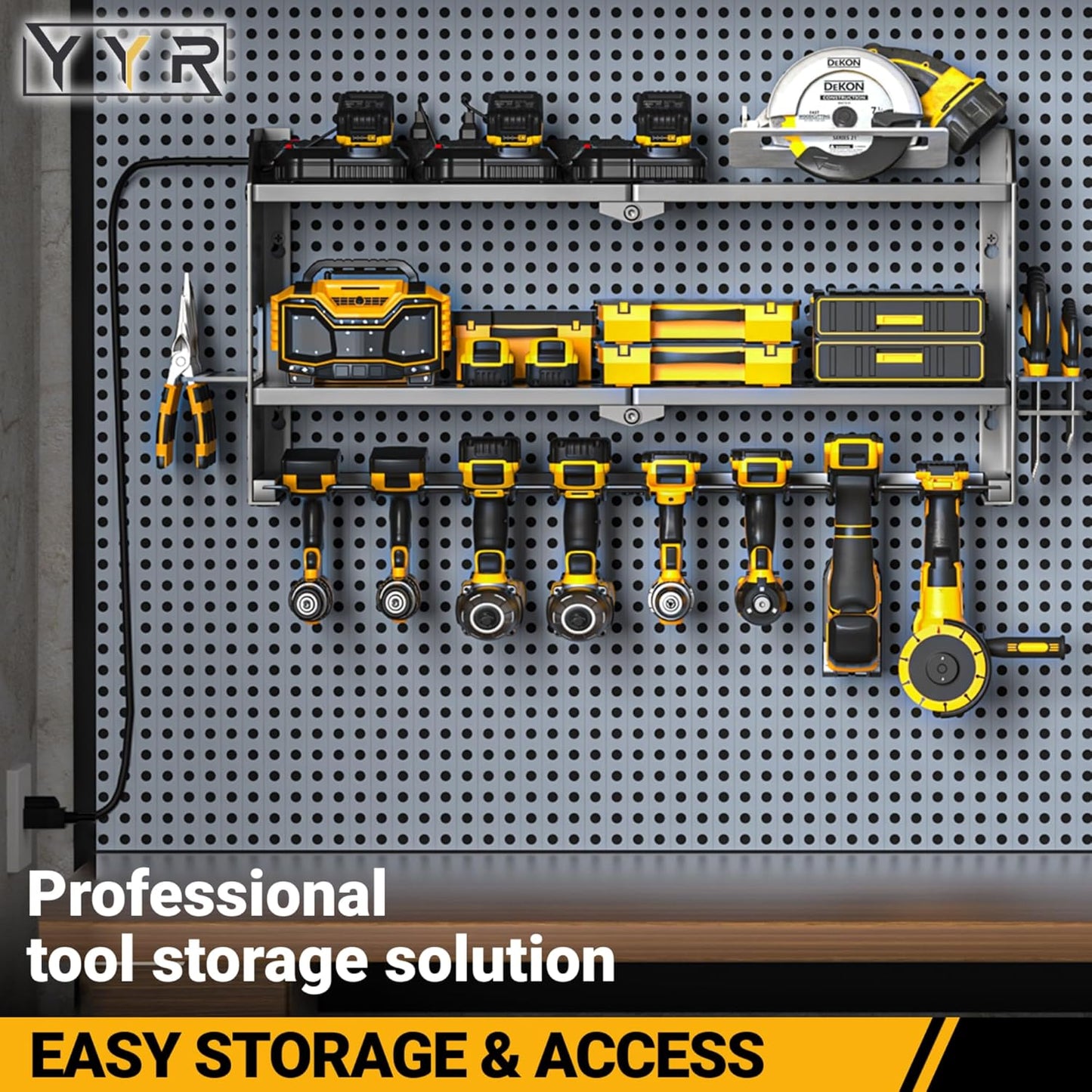 YYR Power Tool Organizer - Wall-Mounted Charging Station for Cordless Drills & Batteries | Black Storage Rack