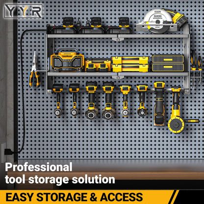 YYR Power Tool Organizer - Wall-Mounted Charging Station for Cordless Drills & Batteries | Black Storage Rack