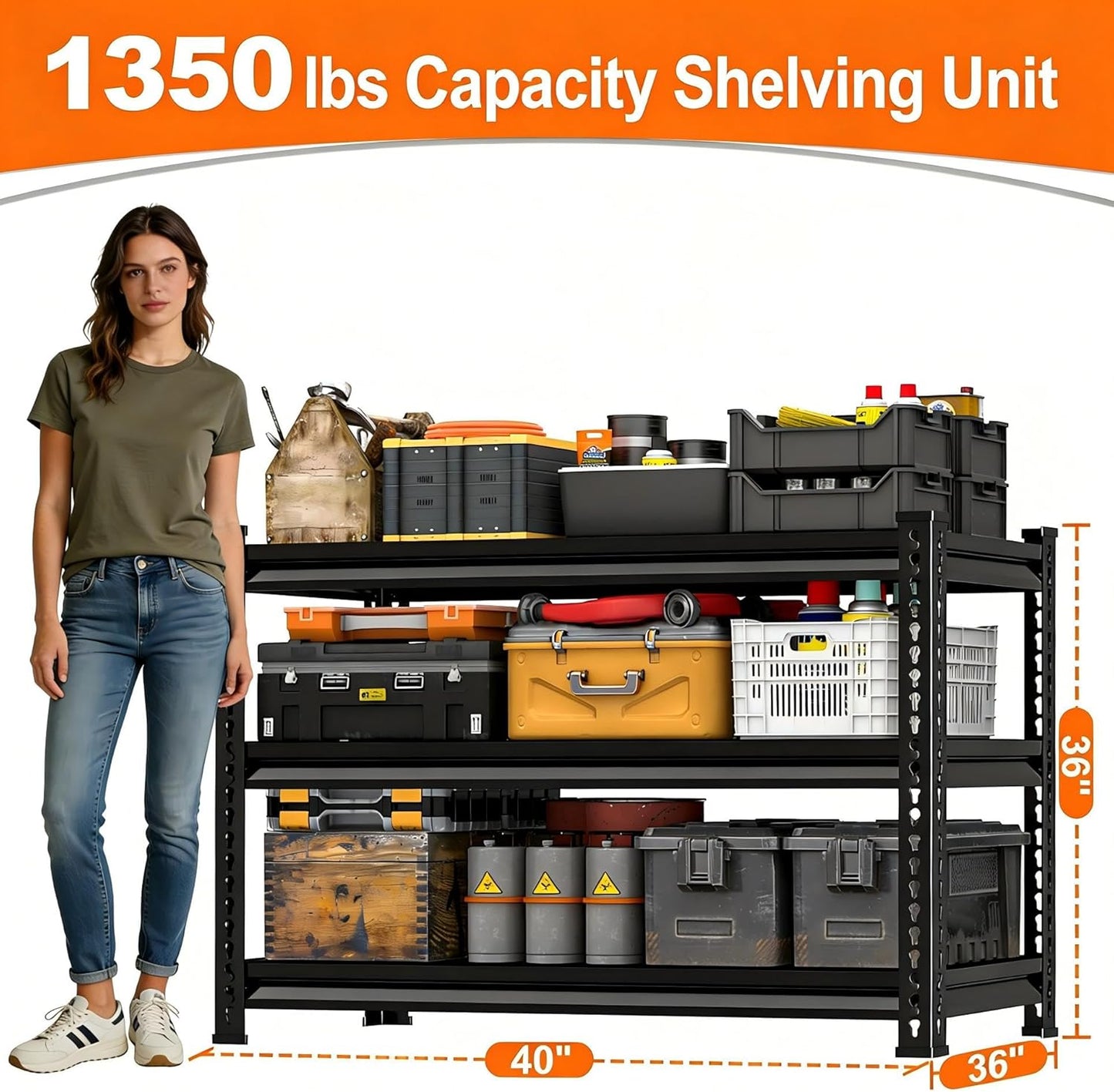 Utility Storage Garage Shelving - Heavy-Duty 3-Tier Metal Shelves | Adjustable Freestanding Rack - Black 40'' W x 16'' D x 36'' H