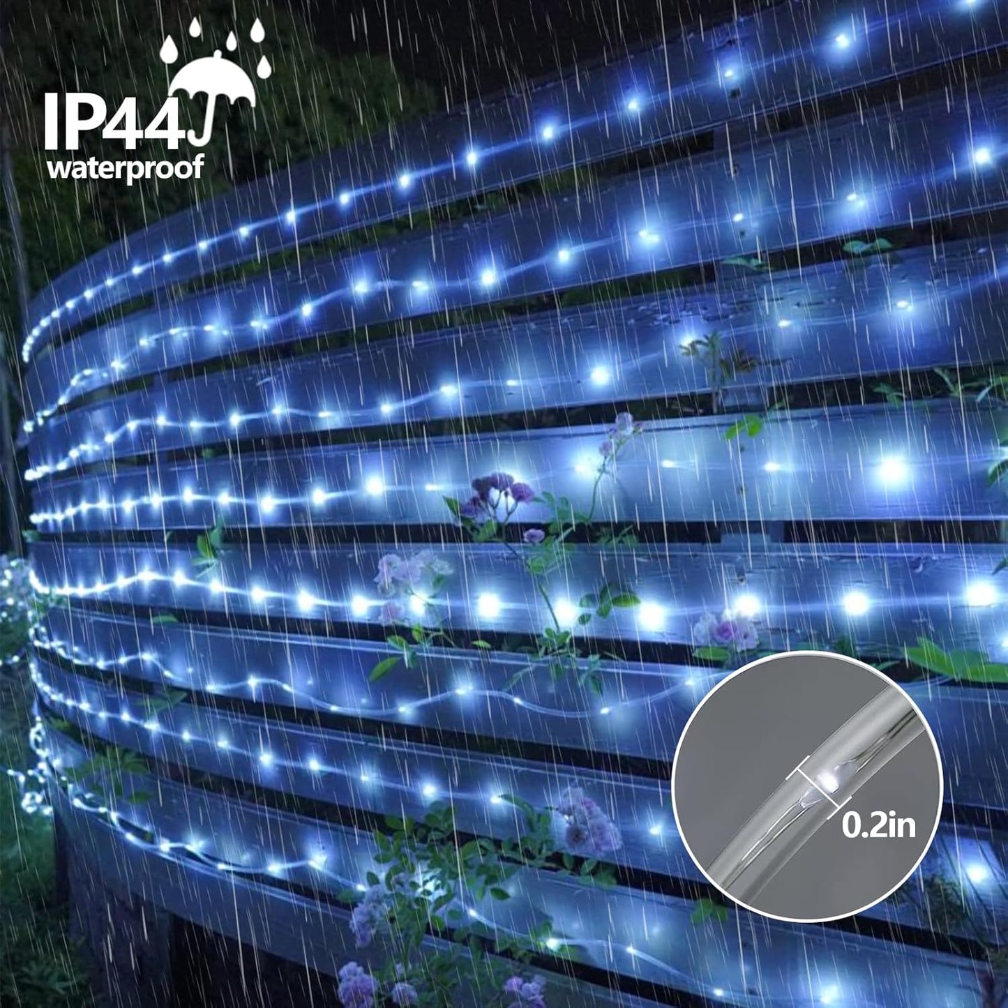 YEGUO Solar Rope Lights - 66ft Waterproof 200 LED White Fairy Lights | 8 Modes in Clear Tube