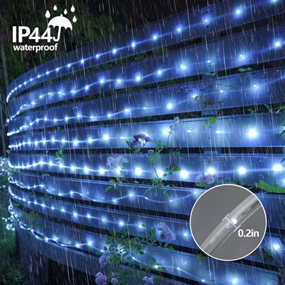YEGUO Solar Rope Lights - 66ft Waterproof 200 LED White Fairy Lights | 8 Modes in Clear Tube
