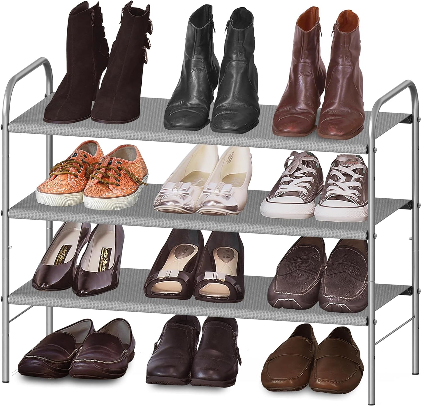 Simple Houseware 3-Tier Shoe Rack - Space-Saving Organizer for 9-16 Pairs, Sturdy Metal Frame, Grey