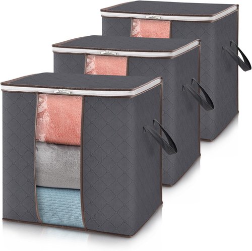 Lifewit 100L Clothes Storage Bins - 3 Pack Foldable Bags with Lids, Zippers & Clear Windows | Ideal for Organizing Clothing & Bedding