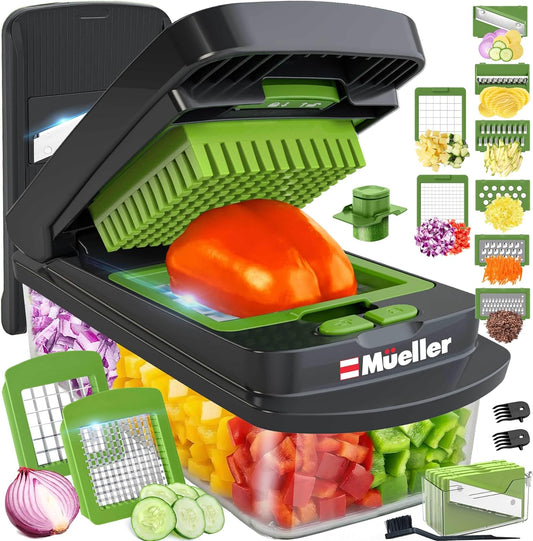 Mueller Pro-Series 10-in-1 Vegetable Chopper - 8 Blades for Dicing, Slicing & Mincing | Gray/Green