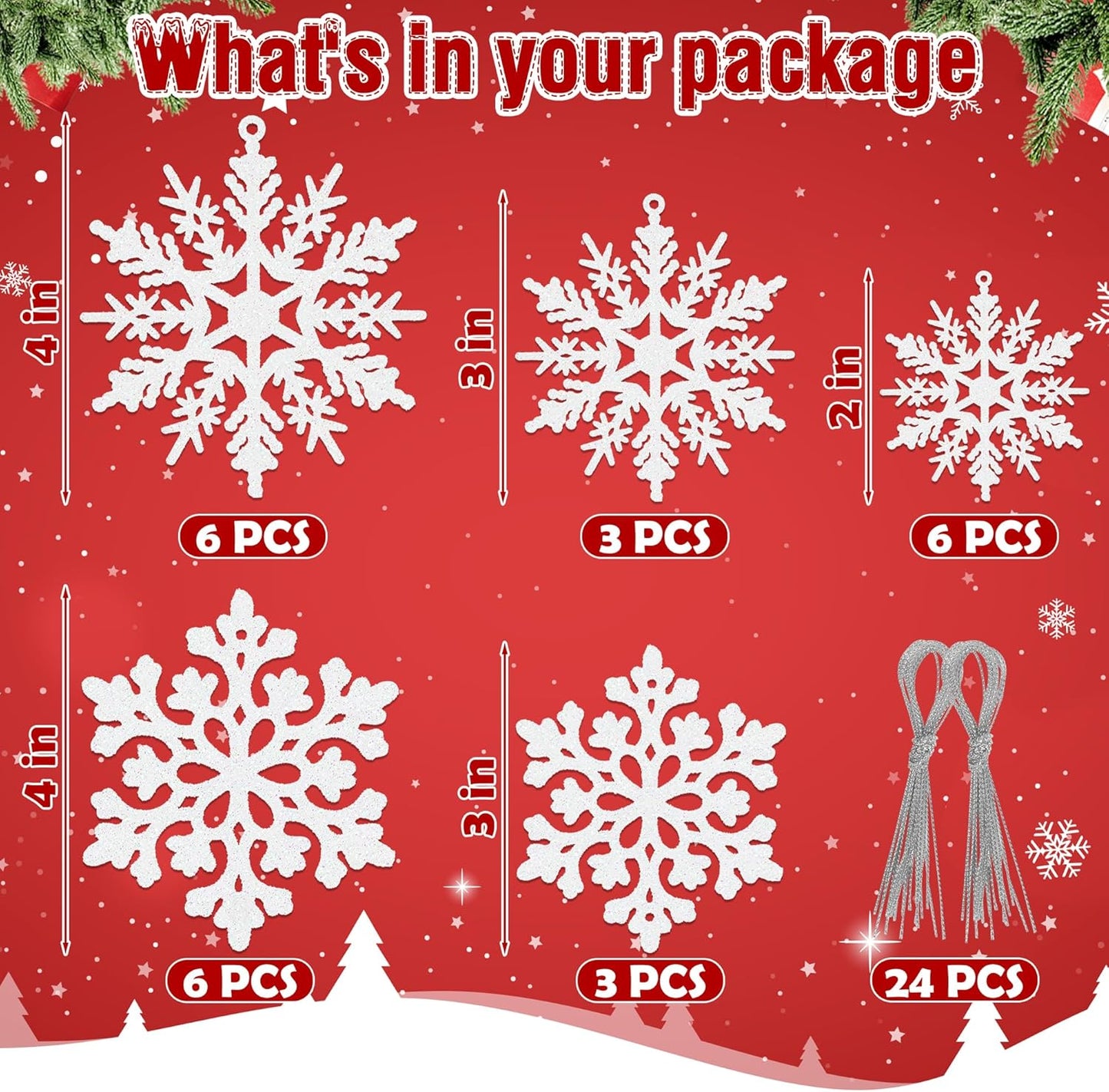 Skiennix 24PCS Snowflake Ornaments - White Glitter Christmas Tree Decorations for Winter Wonderland Decor