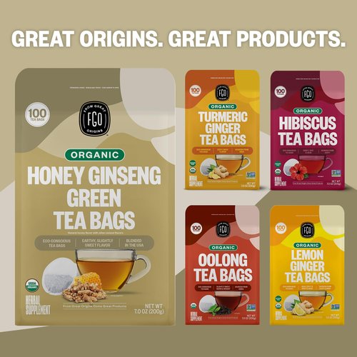 FGO Organic Honey Ginseng Green Tea, 20 Count, Eco-Conscious Tea Bags, Resealable Bag, Packaging May Vary (Pack of 1)