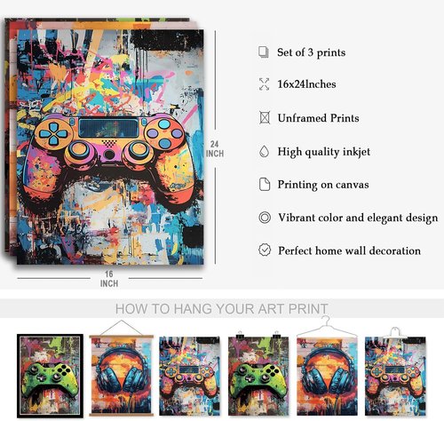 **Skiennix Gaming Graffiti Canvas Wall Art - Cool Video Game Prints for Gamer Room | Unframed 16x24x3 Inch**