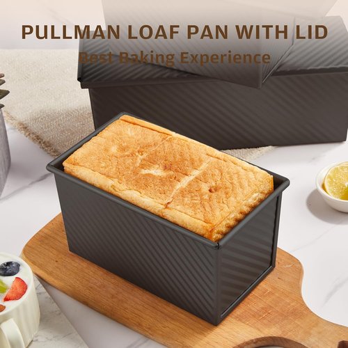 KITESSENSU Carbon Steel Pullman Loaf Pan - Non-Stick Design with Lid | 1 lb Dough Capacity, Black