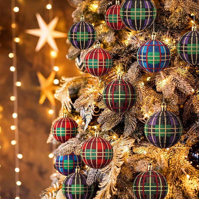christmas plaid foam ball ornaments, 12pcs, 2.4" - glossy tartan holiday decorations (Plaid variation)