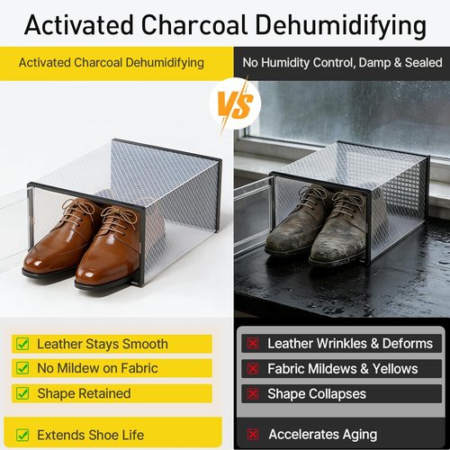 Kuject Activated Charcoal Shoe Organizer - 12 Pack XL Clear Stackable Storage Boxes | Dustproof Sneaker Display Containers for Closet & Entryway