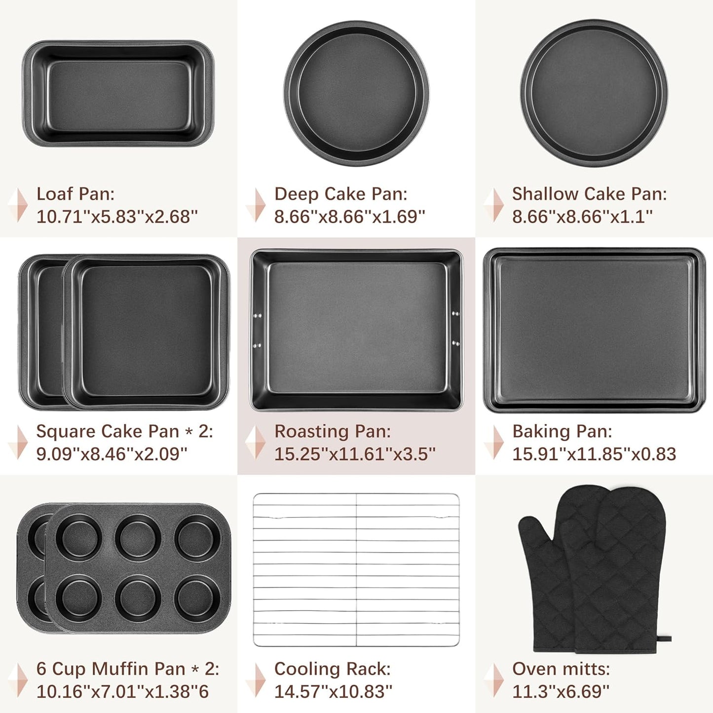 Skiennix 12PCS Nonstick Baking Pans Set - Stackable Bakeware with Wider Grip | Includes Cookie Sheets, Muffin Pan, Loaf Pan, Cake Pan, Roasting Pan, Oven Mitts