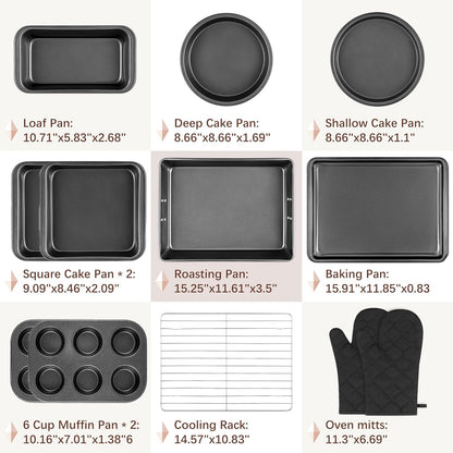 Skiennix 12PCS Nonstick Baking Pans Set - Stackable Bakeware with Wider Grip | Includes Cookie Sheets, Muffin Pan, Loaf Pan, Cake Pan, Roasting Pan, Oven Mitts