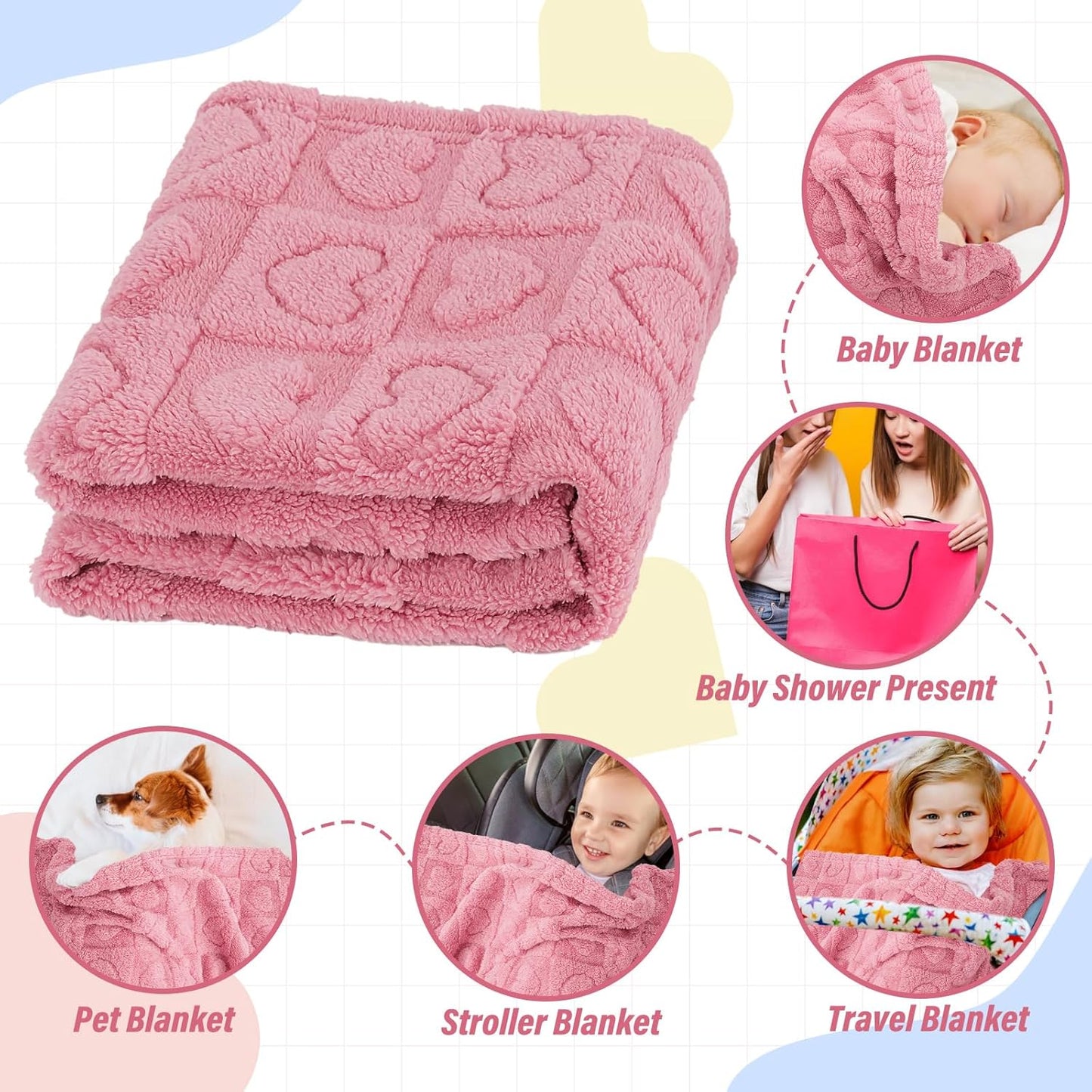 Skiennix Plush Soft Heart Checkered Baby Blanket - Warm Lightweight Fleece for Infants | 30" x 39" Deep Pink