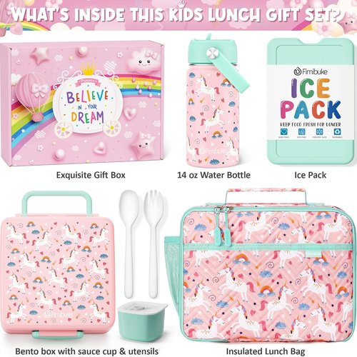 Fimibuke Kids Bento Lunch Box Set - 4 Compartments, Insulated Bag, Water Bottle & Utensils | Perfect Birthday Gift for Ages 3-12