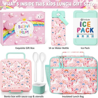 Fimibuke Kids Bento Lunch Box Set - 4 Compartments, Insulated Bag, Water Bottle & Utensils | Perfect Birthday Gift for Ages 3-12