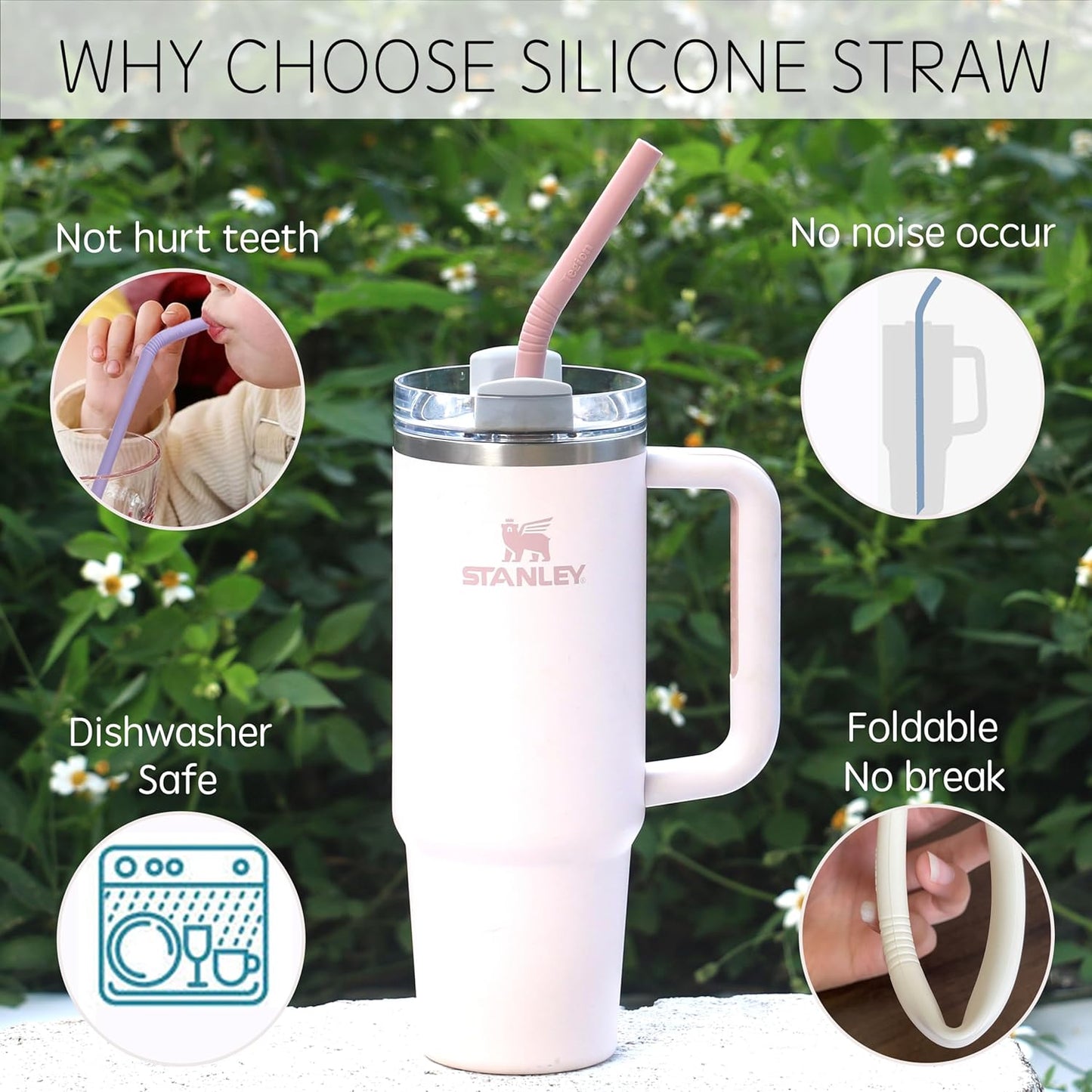 Skiennix 14” Extra Long Silicone Replacement Straw - Reusable Flexible Straws for 40 oz Stanley Cup | 6-Pack
