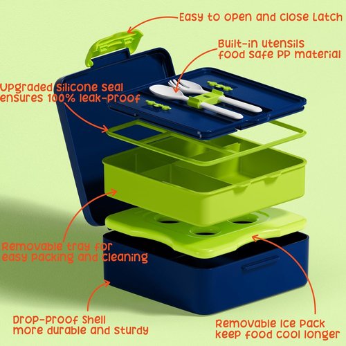 Fimibuke Bento Box - Leak Proof Lunch Container with Ice Pack | 4 Compartments, BPA Free, Microwave Safe for Kids & Adults