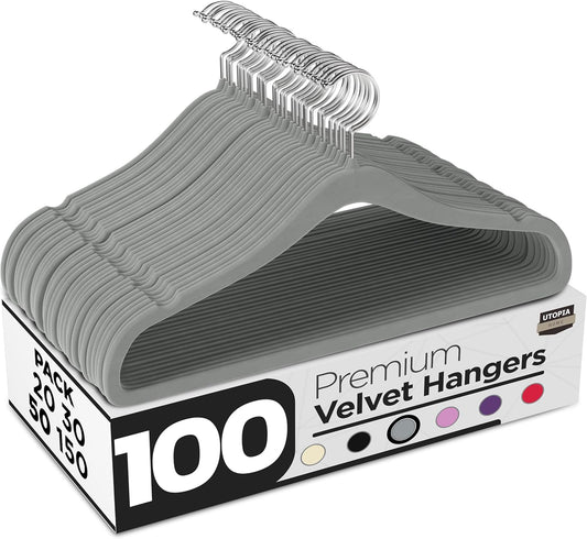 Utopia Home Velvet Hangers - 100 Pack Luxury Non-Slip Slim Coat & Pant Hangers | Grey with 360° Swivel Hook