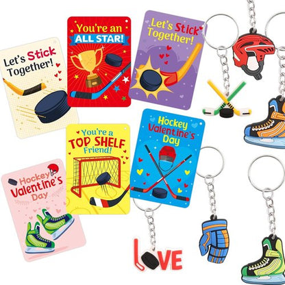 Fancy Land 30-Pack Valentine's Day Cards - Kids' Hockey-Themed Gift Set with Keychains